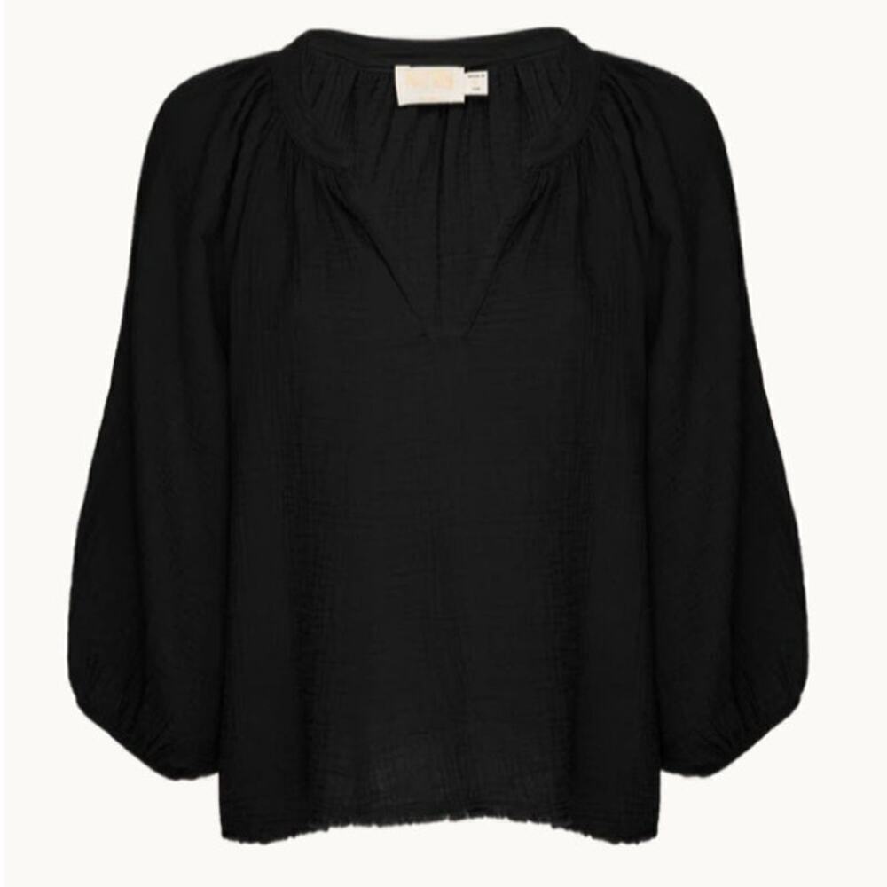 NATION LTD Size XS Balloon Sleeve Textured V-Neck Mimi Blouse Black Quiet Luxury